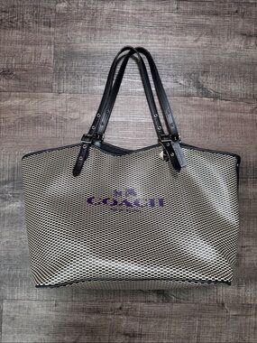 Coach Black and Cream Patterned Tote with Purple Logo With Coach Charm